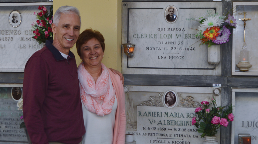 Author and brother at the tomb of their great grandmother, Renazzo, Italy